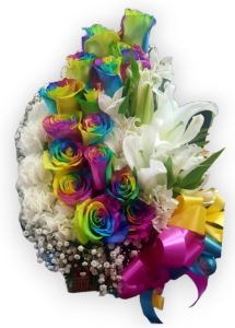 Rainbow love rose bouquet with lilies